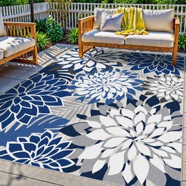 Arenarug Indoor Outdoor Area Rug Washable Multicolored Patio Rug Tropical Botanical Modern Floral Indoor Outdoor Carpet Blue White Rug Non Slip for Patio, Deck, Backyard, Porch (8x10)