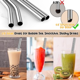 NiHome 4-Pack Stainless Steel Smoothie/Milkshake Straws, 0.5'' Extra Wide Reusable Metal Straw, Extra Long Straight & Bent Drinking Straws for Boba, Thick Beverages, Cold Drinks, 1 Brush (Silver)