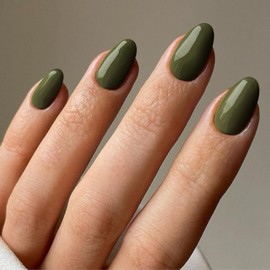 KQueenest Acrylic Press on Nails Short Oval, Glossy Solid Olive Green Nails Press on Short Almond, Small Moss Green Fake Nails Set, Soft Gel Glue on Nails for Women Daily Wear in 24 Pcs