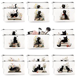 Doodlream 16Pcs Canvas Black Cat Flowers Makeup Bag, 23 x 15 cm Cute Kitty Cosmetic Bags Travel Organizer Portable Accessories with Zipper, Toiletry Large Capacity, Purse Organizer Pouches