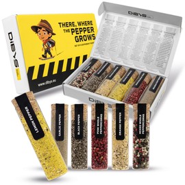 DIBYS Gourmet Pepper Gift Set | 6 Asserted Pepper Varieties | Recipes included | Exciting, Diverse Peppercorn Sampler Kit | Food Seasonings & Spices Set | Thoughtful Gift for Foodies & Cooks