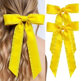 GiLi 2PCS Hair Bows for Women Girls, Bow for Hair Slides Metal Clips Cute Ruffled Edge Satin Ribbon Accessories for Toddlers Teens Kids (Bright Yellow)