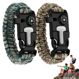 2 Piezas Pulsera de Supervivencia Paracord, Brazalete TáCtico 5 En 1 con Cuerda De ParacaíDas, Con Cuerda de Paracaídas, Silbato, Brújula, Pedernal Iniciador de Fuego y Raspador, Para Viajar y Acampar