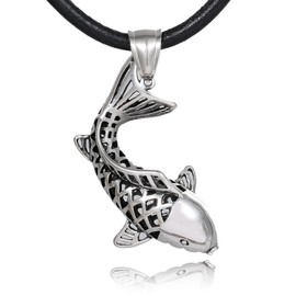 DonDon Men's Leather Necklace 50 cm with Pendant Lucky Fish Koi Stainless Steel in Velvet Pouch