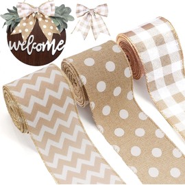 3 Rolls Burlap Wired Ribbons 15 Yards Stripe Dot Buffalo Plaid Pattern Wrapping Gingham Grosgrain Ribbon for DIY Crafts Party Home Decoration, 2.5 Inch x 15 Yards