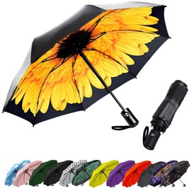 SIEPASA Compact Travel Umbrella - Windproof Auto Open/Close, Lightweight Folding Umbrella wIth Fiberglass Frame & Waterproof Canopy. Fits Backpack/Purse. (Sunflower)