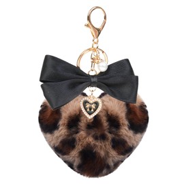 JK Home Pom Pom Leopard Fluffy Furry Keychains Black Bow with Storage Box, Soft Plush Love Heart Shape Keyholder Pendant for Charm Car Key Bag Phone Handbag Y2K Accessories Valentines Day Charm Brown
