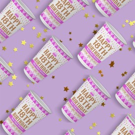 18th Birthday Paper Cups 24 Pack - 12 Oz (300 ml) Cup for Hot and Cold Drinks - Happy Birthday Decorations Party Cups Tableware for Men Women - Disposable Recyclable - Looks Great - Pink