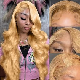 Jewhaut Honey Blonde Wig Human Hair 200% Density 13x6 Honey Blonde HD Body Wave Lace Front Wigs Pre Plucked Colored 27# Human Hair Wig 24 Inch