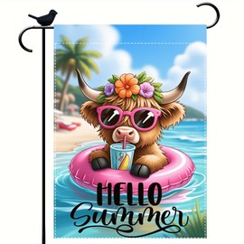 Hello Summer Highland Cow Garden Flag 12 x 18 inch Double Sided Outside Decorations,Beach Floral Cow Small Garden Flags For Outdoor Yard Lawn