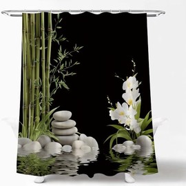 Zen Spa Lotus Shower Curtain Green Zen Stone Meditation Garden Japanese White Lotus Flower Lily Floral Green Leaves Relax Nature Fabric Bath Curtain with Hook