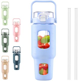 BLUEGO 40oz Glass Water Bottles with Straw Time Marker Half Gallon Large Motivational Water Bottle with Silicone Sleeve 2 Liter Large Glass Water Jug for Gym, Sports& Workout, Daily, Light Blue