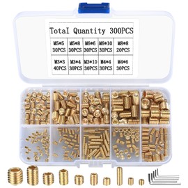 Set of 300 Grub Screws Set, M3/M4/M5/M6/M8 Grub Screws Assortment Kit, Hexagonal Head Screws with Hex Key for Door Handle, Door Handle Holder, Hexagonal Grub Screws, Gold