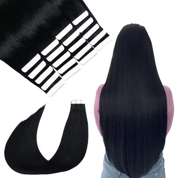 SURNEL Remy Tape-In Extensions, Black Real Hair Extensions with Tape, 50 cm, Seamless Skin Weft Extensions, Straight Hair, Natural Tape in Remy Real Hair, Black Hair Extensions, 2.5 g/pc (Tape #1-50