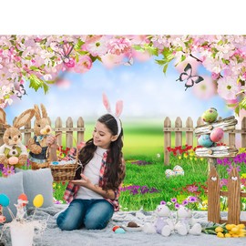 Spring Easter Backdrop Spring Pink Flower Photography Backdrop Easter Rabbit Colorful Eggs Garden Photo Background Butterfly Party Decoration Banner 7x5Ft