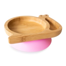 eco rascals Snail Shaped Natural Bamboo Plate for Babies and Toddlers, Snail Shaped Baby Suction Plate for Weaning with Two Sections, Removable Suction Base (Pink)