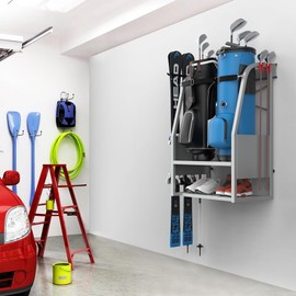 WALMANN Wall Mount Golf Bag Organizer, 2 Golf Bags Stand Golfing Equipment and Accessories Storage Rack for Garage(Silver)