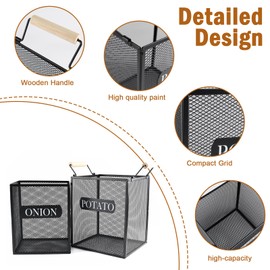 Xbopetda Set of 2 Potato and Onion Storage Bin, Metal Mesh Onion and Potato Baskets with Wooden Handle, Potato Bin Onion Holder, Kitchen Pantry Organizers and Storage for Onion Potato Fruit Vegetable