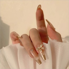 Aceorna Long French Press on Nails Nude Glossy Fake Nails Coffin False Nail Butterfly Rhinestones Full Cover Acrylic Nail Artificial Nails Tips for Women and Girls 24PCS (B-Black Leopard)