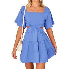 BTFBM Women Summer Dresses 2023 Square Neck Short Sleeve Cutout Crossover Waist Casual Party Tiered A-Line Mini Dress(Solid Sky Blue, Medium)