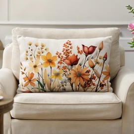 JAERUE Fall Floral Decorative Throw Pillow Cover 20 x 12 inches Blooming Flowers Lumber Pillow Cases for Porch Patio Rustic Farmhouse Autumn Decor Cushion Covers