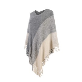 Fomolom Women Striped Poncho with Tassels Knitted Shawl Scarf Fringed Wrap Sweater Pullover Cape Beige