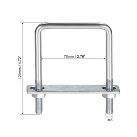 sourcing map Square U-Bolts 2-3/4"(70mm) Inner Width Carbon Steel M8 with Nuts, Frame Plate, Round Washers