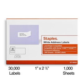 Staples Laser/Inkjet Address Labels, 1-inch x 2 5/8-inch, White, 30 Labels/Sheet, 60000/Carton (ST18055-CCVS)
