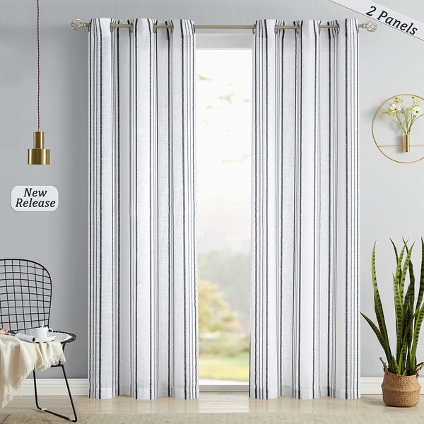 SXZJTEX Black and White Striped Cafe Curtains 84 Inch Length 2 Panels for Living Room Bedroom Boho Farmhouse Sheer Stripe Linen Textured Window Treatment Drapes, Grommet Top, 42" x 84"