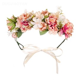 Yheahin Boho Flower Crown Headband for Women Handmade Rose Floral Hair Band Beach Bridal Wedding Party Flower Headpiece Festival Photo Props (Flower 11, Elastic)