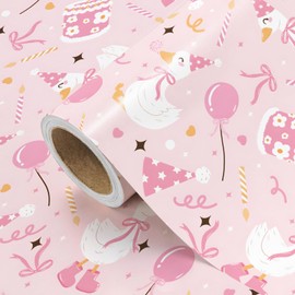 WRAPAHOLIC Silly Gooses Birthday Wrapping Paper Roll - Mini Roll - 17 Inch x 16.5 Feet - Pink Party Goose Coquette Gift Wrap Paper Perfect for Girls Birthday, Baby Shower