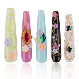 Handmade Press on Nails Flower Dream, Nails with Covered Crystals and False Luxury Diamonds, Extra Long False Nails, Reusable Stick On Nails 10Pcs, Size L