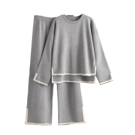 Tanming Women's 2 Piece Outfits Long Sleeve Knit Sweater Top Wide Leg Pants Lounge Sets Tracksuits (Grey, X-Large)