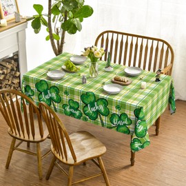 Horaldaily St. Patrick's Day Tablecloth 60×84 Inch Rectangular, Green Buffalo Plaid Shamrock Rural Style Washable Seasonal Table Cover for Party Picnic Dinner Decor