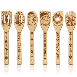 GLOBLELAND 6Pcs Christmas Santa Clause Bamboo Cooking Utensils Wooden Engraved Cooking Spoons Set Carving Kitchen Bamboo Spatula Set Wood Cooking Spoon for Kitchen House Warming Gift