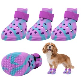 Dog Shoes for Hot Pavement, Adjustable Magic Tape Boots for Small, Medium & Large Dogs, Anti-Slip, Easy to Clean Paw Protectors for Beach, Outdoor & Hot Weather (Purple M)