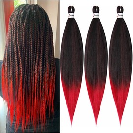 BALINGHAIR Braiding Hair Pre-stretched Ombre Black to Red Braiding Hair Extensions Flame Retardant Braids Hair 20 Inches(1B/Red-3Pcs)