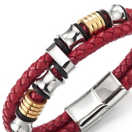 COOLSTEELANDBEYOND Double-Lap Braided Leather Bracelet Men's Bracelet Leather Sweatband Stainless Steel Clasp, Leather, Non-applicable