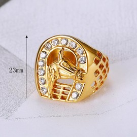 MIVEIVIA CZ Animal Ring Lucky Horse Ring for men Wedding Rings for Men U Shape Horseshoe rings Hip Hop ring Radiant Rings Bling Iced Out Jewelry Punk Ring Club ring Heavy Metal ring Party, Gold,Metal,
