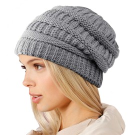 Minicoco Ladies Warm Slouch Knit Winter Beanie Hat with Super Soft Velour Thermal Lining Ski Cap Winter Warm Chunky Cable Knit Cap (UK, Alpha, One Size, Light Grey)