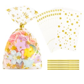 LEOSINDA 100Pcs Cellophane Treat Bags,3 X 5 Inches Gold Star Printed Clear Cellophane Bags,100 Twist Ties,for Gift Wrapping,Packaging Candies,Dessert,Bakery, Cookies, Chocolate,Party Favor（Gold）