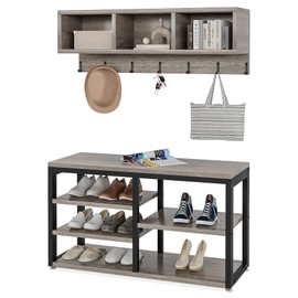 LITTLE TREE Coat Shoe Rack, Hall Tree Entryway Bench Set for Hallway, Living Room, Bedroom, Grey