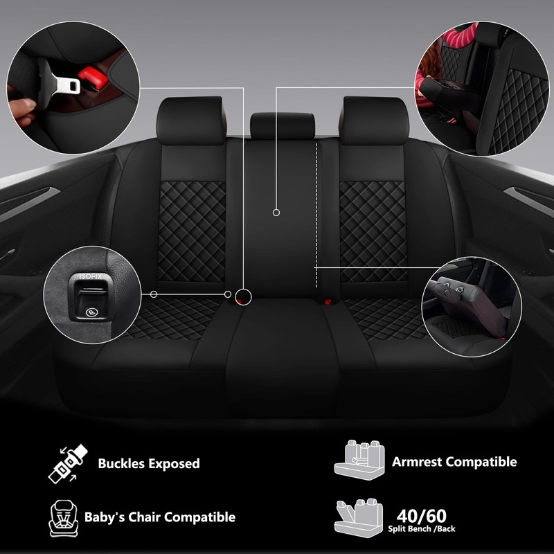 WENNFOUR Full Coverage Black Leather Car Seat Covers Full Set