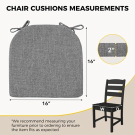 downluxe Indoor Chair Cushions for Dining Chairs, Soft and Comfortable Textured Foam Kitchen Chair Pads with Ties and Non-Slip Backing, 16" x 16" x 2", Dark Grey, 6 Pack