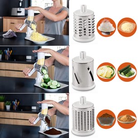 Cheese Grater, Manual Drum Grater with 3 Removable Drum Blades, Vegetable Cutter for Cheese, Ice, Cucumbers, Carrots, Nuts, etc