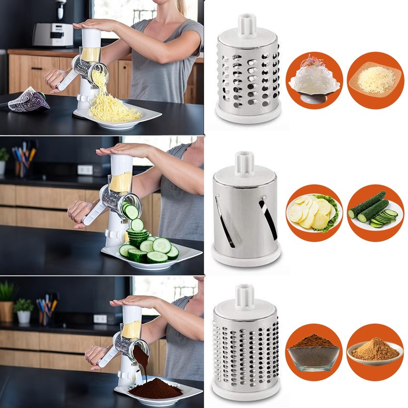 Cheese Grater, Manual Drum Grater with 3 Removable Drum Blades,