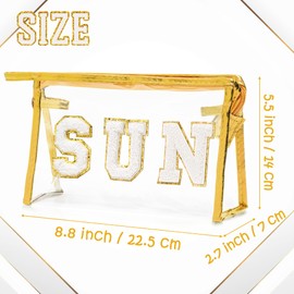 Y1tvei Gold SUN Preppy Patch Varsity Letter Cosmetic Toiletry Bag Transparent PVC Zipper Swimming Pool Makeup Bag Daily Use Clutch Purse Portable Waterproof Travel Organizer Bag for Women Girls Teens