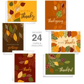 Canopy Street Modern Thanksgiving Cards / 24 Grateful Greeting Cards With Envelopes / 4 5/8" x 6 1/4" Fall Cards / 6 Festive Holiday Autumn Leaves Designs