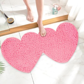 AnyDesign Valentine's Day Bathroom Rugs Double Heart Shaped Love Decorative Pink Chenille Shower Mat Non Slip Washable Front Door Mat for Home Living Room Bedroom Bathroom Decor, 31.5 x 15.7 Inch