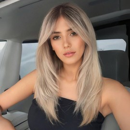 WOKESTAR Long Straight Wigs for Women with Curtain Fringe, Layered Synthetic Color Hair(Platinum Blonde with Dark Roots)